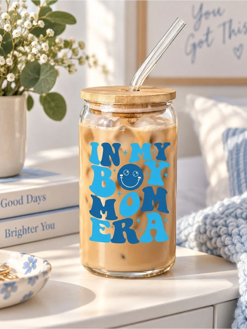 Reusable Drink Jar with Blue 'In My Boy Mom Era' Design 🦋